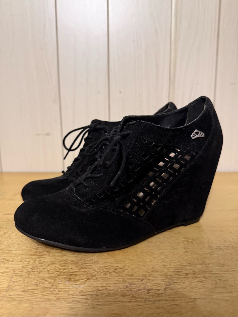 Black Suede Lace-Up Wedge Booties